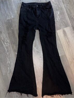 Black Distressed Bell Bottom Jeans